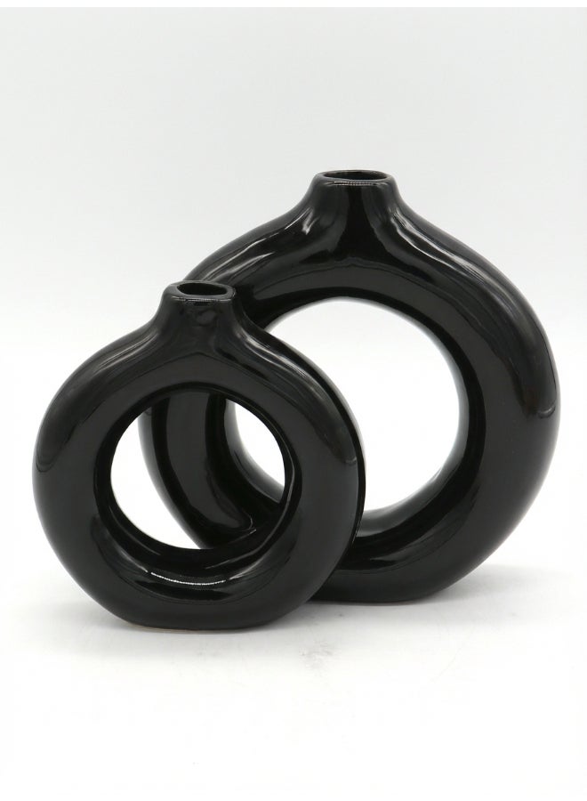 ايست من نون Ceramic Vase for Floral Decorative arrangement, Ht-20.5 cm | Shiny Black Color | Aura Sculpt Vase Design | Size -24.5x9x20.5 cm | Perfect for decorativing your living room, Ideal for decorating coffee table, dinning table, console table or any office or living space - Image 1